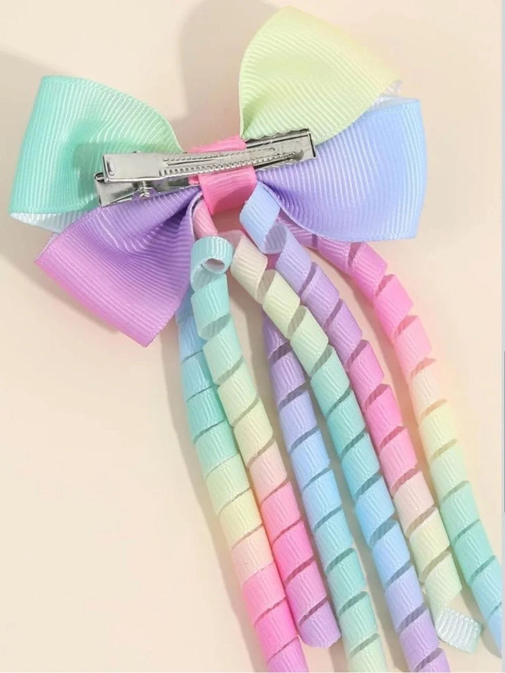 2Pcs Pastel Rainbow Curly Ribbon Bow Hair Clips